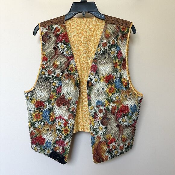 Reversible Vest Women’s One Size Cats Floral Textured Open Front Grannycore - Picture 2 of 8